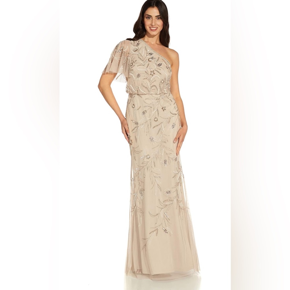 Adrianna Papel Women’s Beaded One Shoulder Gown Biscotti (Size 4)